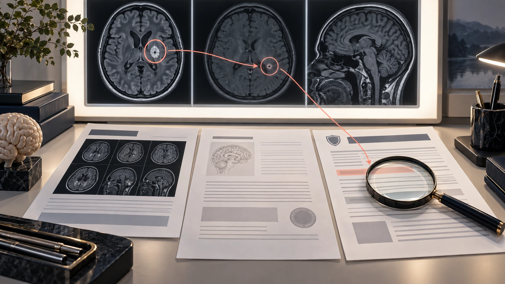 여러 MRI 영상, 판독지, 진단서와 가입 당시 약관을 함께 검토하는 장면