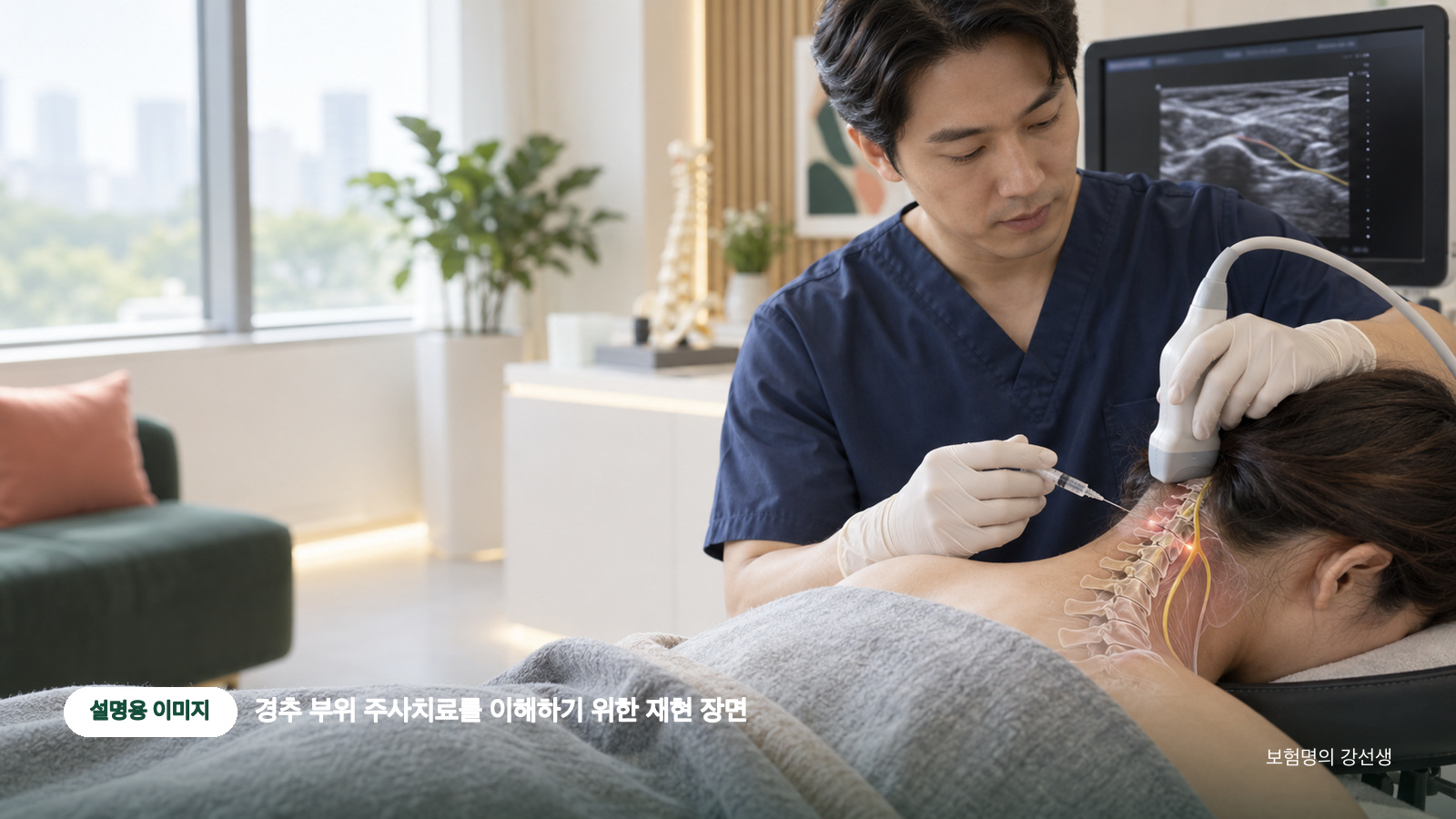 경추 부위 주사치료를 이해하기 위해 초음파 유도 주사 장면과 목뼈·신경 위치를 함께 표현한 설명용 이미지