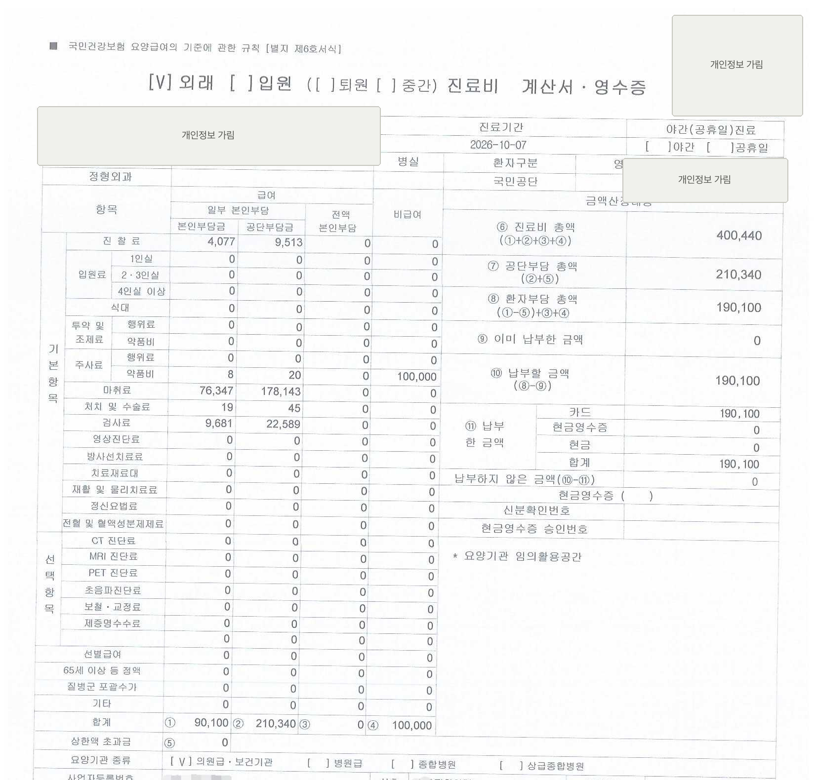 급여 본인부담금 9만 100원, 비급여 10만원, 환자부담총액 19만 100원이 표시된 실제 진료비 계산서·영수증