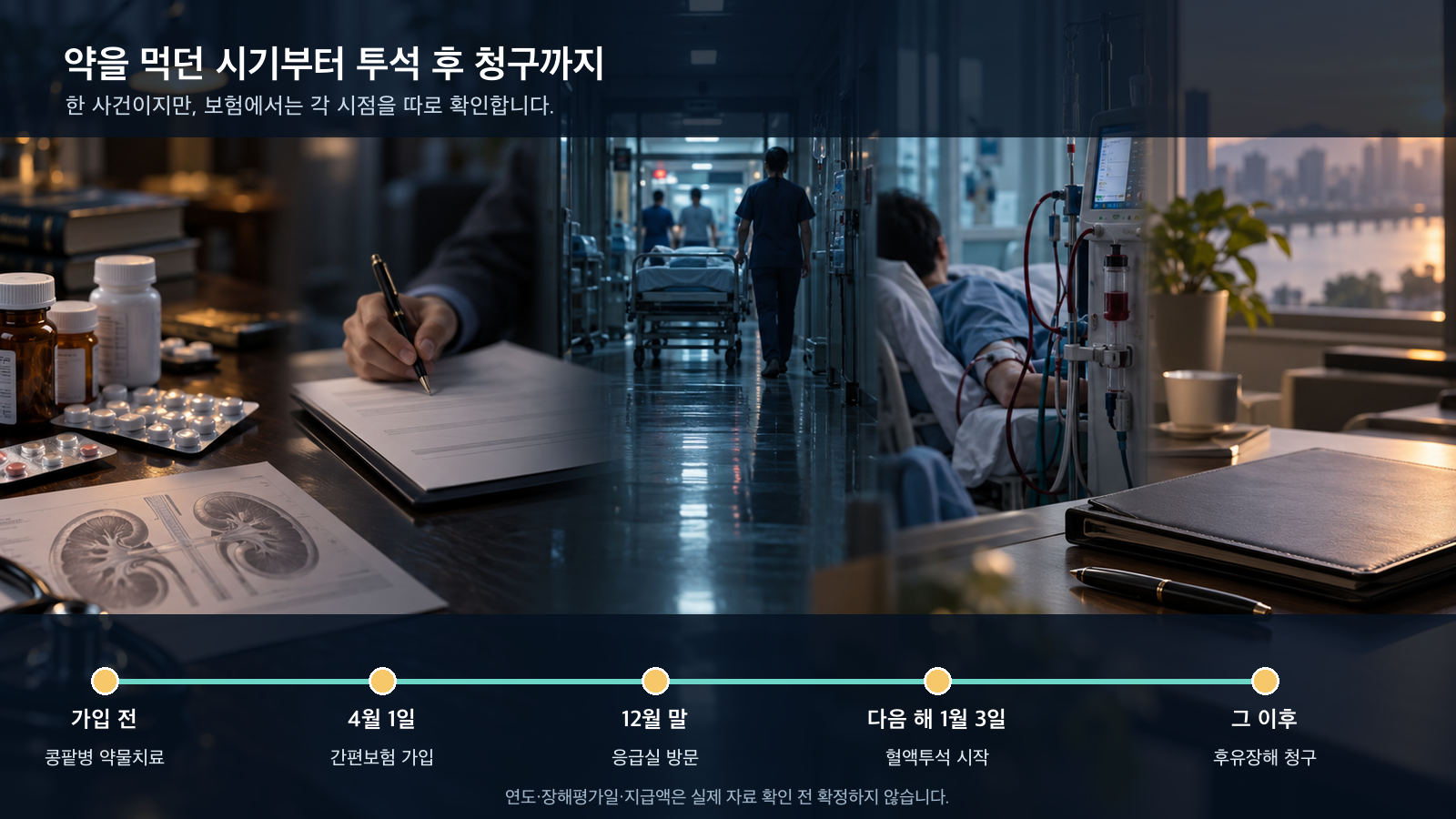 가입 전 콩팥병 약물치료부터 4월 1일 보험 가입, 12월 말 응급실, 다음 해 1월 3일 혈액투석, 후유장해 청구까지를 나타낸 사건 시간표