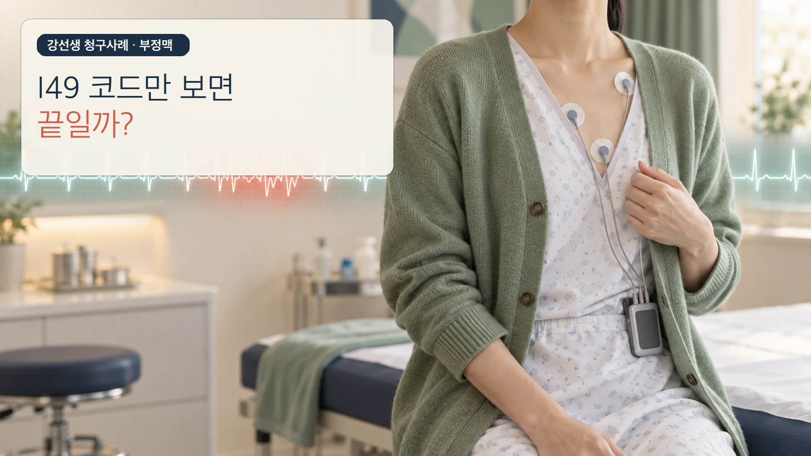 가슴에 홀터검사를 착용하고 간헐적인 부정맥 심전도를 기록하는 모습