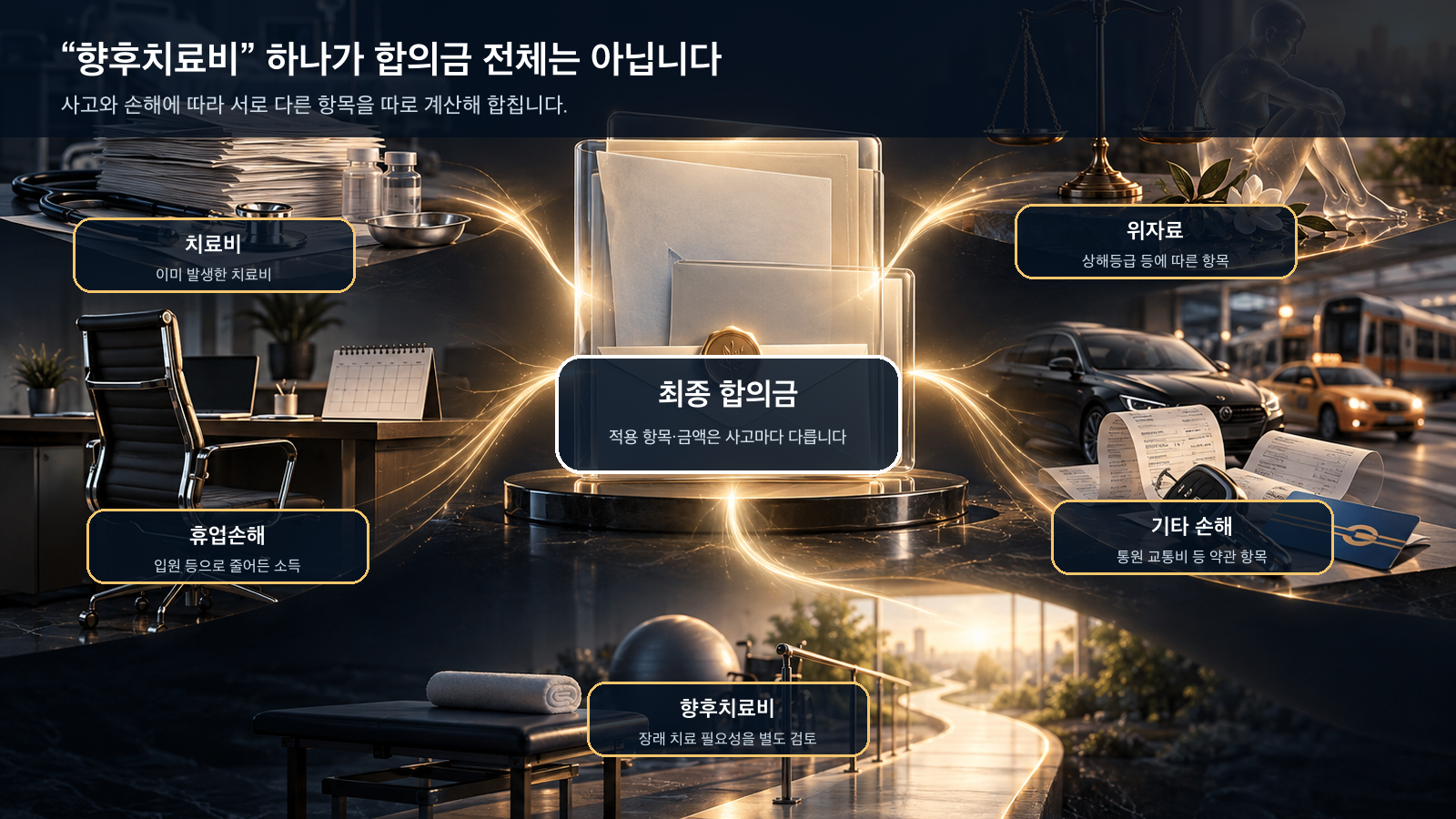 자동차사고 합의금에서 치료비, 위자료, 휴업손해, 기타 손해와 향후치료비를 각각 검토해 최종 금액을 산정하는 구조