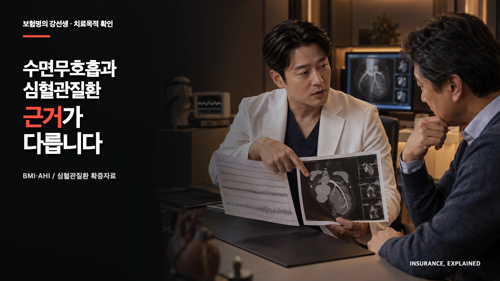 의사가 수면검사 파형과 심혈관 검사영상을 나란히 보여주며 질환마다 필요한 근거가 다르다고 설명하는 장면