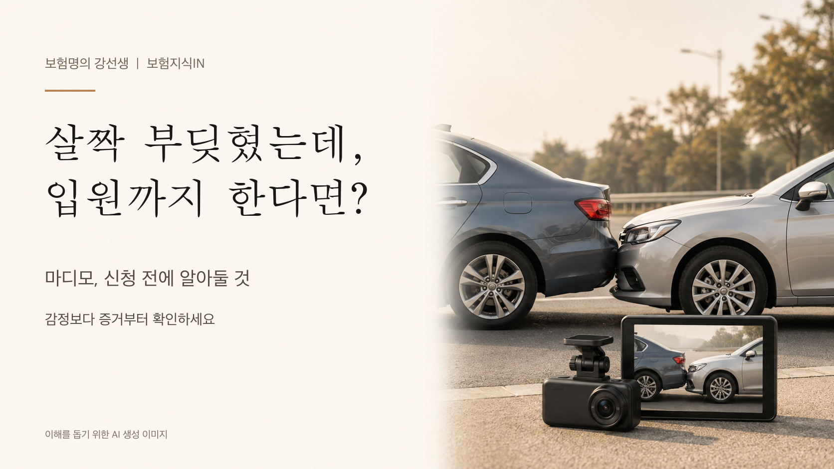 가벼운 차량 접촉사고와 블랙박스 상황을 설명하는 마디모 안내 표지